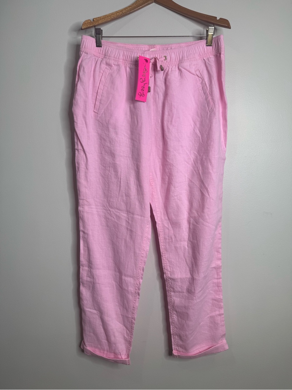 NWT Lilly Pulitzer Pink Taron 100% Linen Tapered Pull-on Pants Large Beach - Picture 2 of 10